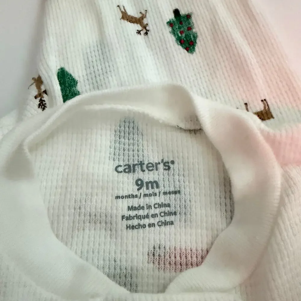 Carter's thermal knit Christmas tree zip footie pjs pajamas white red green